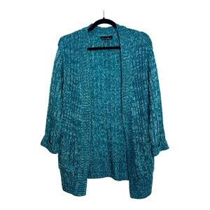 Alison Andrews Womens Small Teal Marled Chunky Knit Open Front Cardigan AMS92725